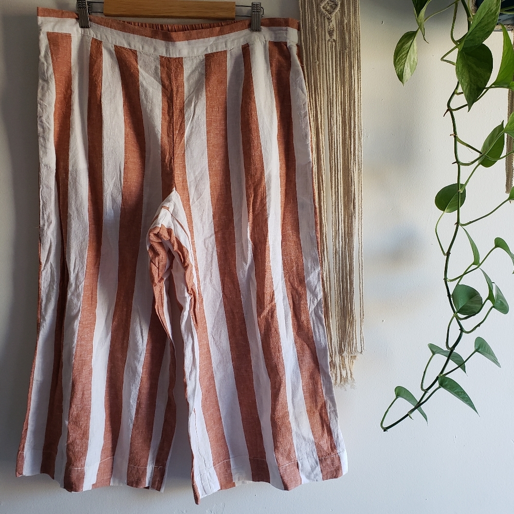Beach lunch lounge wide leg Loose striped crop pants linen cotton Natural Fabric